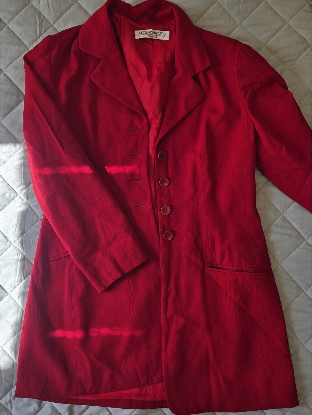 Tahari Bright Red Wool Long 3 button Blazer Jacket Academia Quiet Luxury